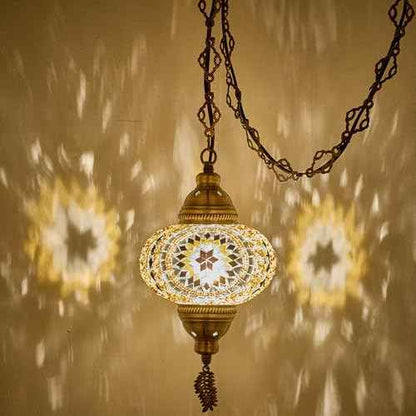 DEMMEX Plug-in Turkish Moroccan Mosaic Hanging Pendant Ceiling Light ? Swag Lamp Fixture with 15ft Cord & Chain, Handcrafted Glass, Tiffany Style, Mediterranean Decor (Amber Brown)
