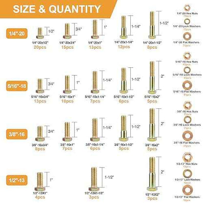 VIGRUE 636PCS Grade 8 Bolt Assortment Kit, 1/4-20, 5/16-18, 3/8-16, 1/2-13 Heavy Duty SAE Bolts and Nuts Washers Kit