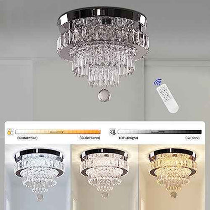 Finktonglan 11.8" Dimmable LED Modern Crystal Ceiling Light, Flush Mount Chandelier with 3 Light Colors, Remote Control for Bedrooms, Living Room, Hallway