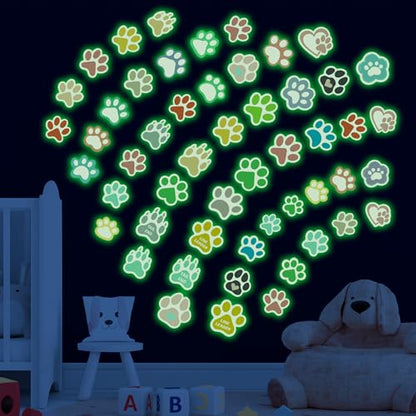Large Paw Print Stickers 44 Pieces Glow in The Dark, Cute Dog and Cat Animals Art Wall Decals, Removable Luminous Footprint Nursery Bedroom Room Decor