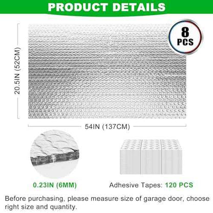 8P Garage Door Insulation Panels Kit 0.24"T Double Bubble Reflective Aluminum Foil 6MM Sheet Thermal Pre-Cut Insulation Shield 120 Tapes Winter Clod and Summer Heat for Attic Garage Wall (20.5" x 54")