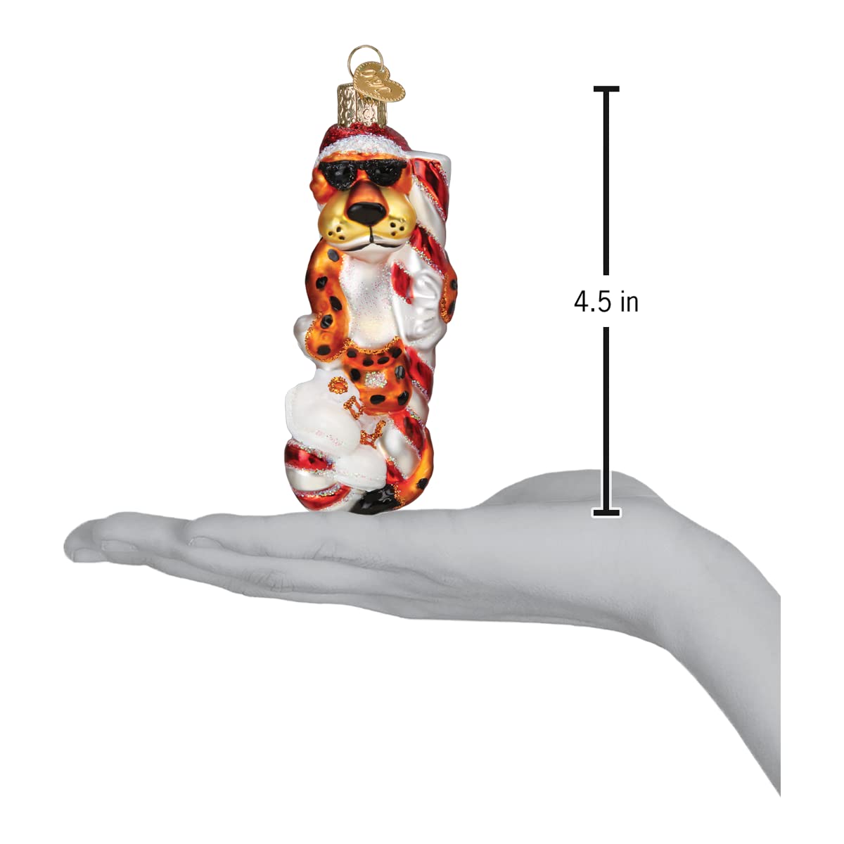 Old World Christmas Chester Cheetah on Candy Cane Glass Blown Ornament for Christmas Tree, Handcrafted Holiday Decoration, Snack Collection