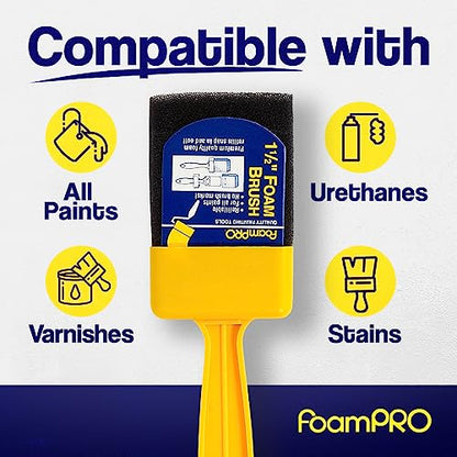 FoamPRO 715-4, 1 1/2" Foam Brush w/ 4 Refills - Premium Quality Paint Brush Set for All Paints, Urethanes, Varnishes, Stains - Effortless Application Foam Brushes- Smooth Finish, Reusable Handles