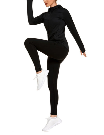 COOrun Women's UPF 50+ Sun Protection Hoodie Jacket Lightweight Full Zip Running Jacket Athletic Workout Top with Thumb Holes Zipper Pockets Black M