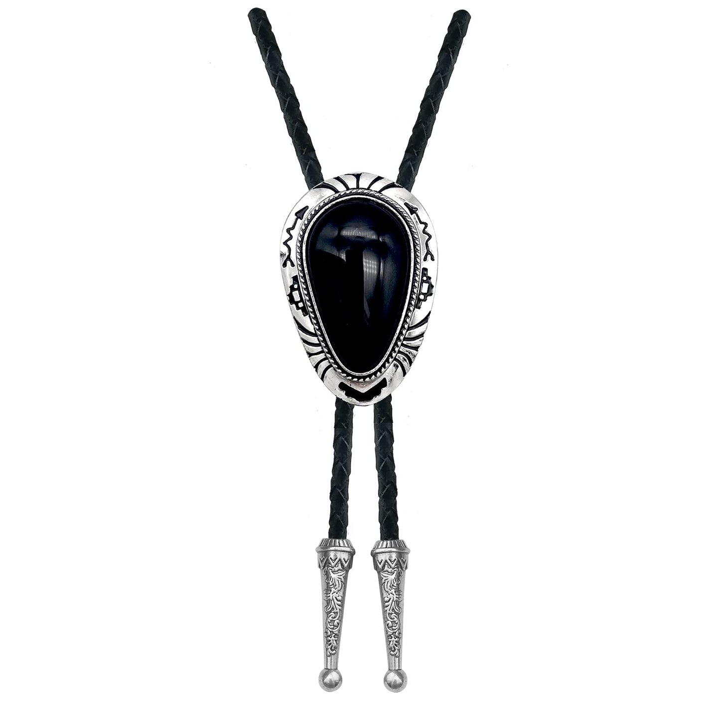 QUKE Black Stone Bolo Tie Native Western Cowboy Hand-woven Leather Bola Tie Necktie for Men Women
