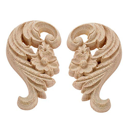 MUXSAM 1-Pair Rose Carved Wood Appliques Onlay, 8.5x5x1cm/3.35x1.97x0.39inch, Door Decorative Excellent Funiture Decal Sticker for Cabinet Drawer Window Dresser
