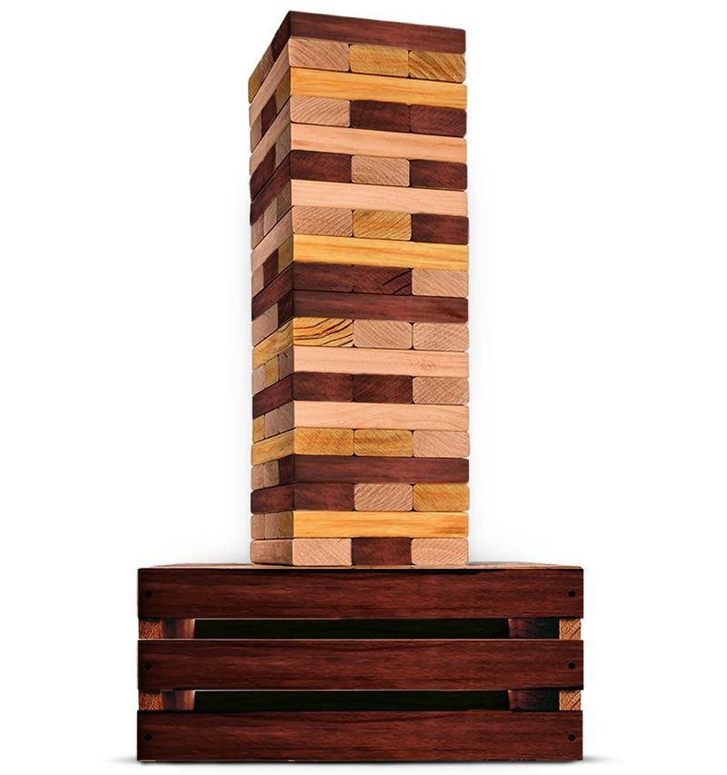 SWOOC Games - Reclaimed Giant Tower Game (Weather Resistant) 60 Blocks + Storage Crate/Outdoor Game Table | Stacks up to 5ft | Giant Outdoor Tower for Adults | Large Yard Activity | Jumbo Lawn Fun