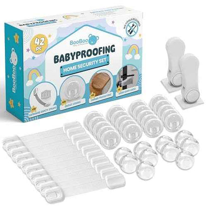 Booboo (42 Pack) Child Safety Baby Proofing Kit | x10 Cabinet Drawer Locks, x10 Corner Guards, x20 Outlet Covers, x2 Door Lever Lock | Baby Proof Your Home & Kitchen with No Trapped Fingers
