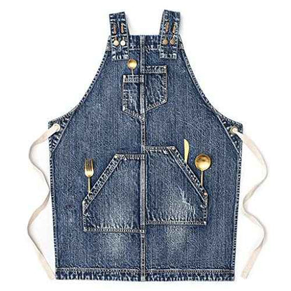 Jeanerlor - Denim Apron for Women With Pockets Cross-Back Straps & Adjustable S to L (Denim Blue)