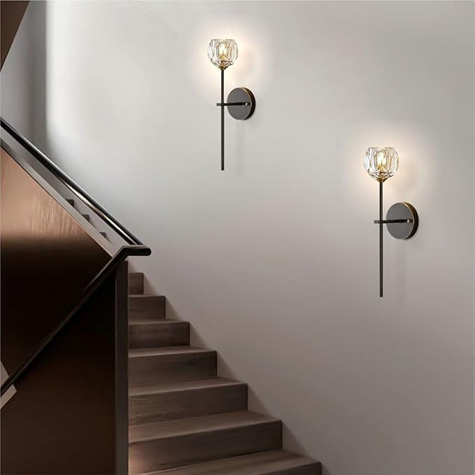 BOKT Postmodern K9 Crystal Wall Lamp Simple Modern Creative Wall Sconces Black Finish Plus Long Diamond Wall Lighting Fixtures for Living Room Dining Room Corridor Bedroom (1Pack)