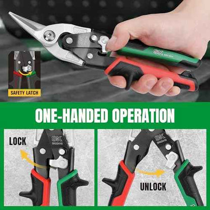 SK Aviation Tin Snips Set, Left, Right and Straight Cut, Cr-Mo Steel Blade, Anti-slip Handle and Safety Latch, for Cutting Sheet Metal