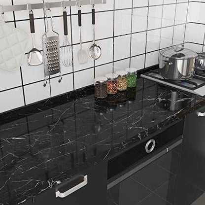 CRE8TIVE Black Marble Contact Paper for Countertops Waterproof Glossy Marble Wallpaper Peel and Stick Countertops Self Adhesive Removable Marble Vinyl Roll for Cabinets Table Tops Shelf Liner 12"x80"