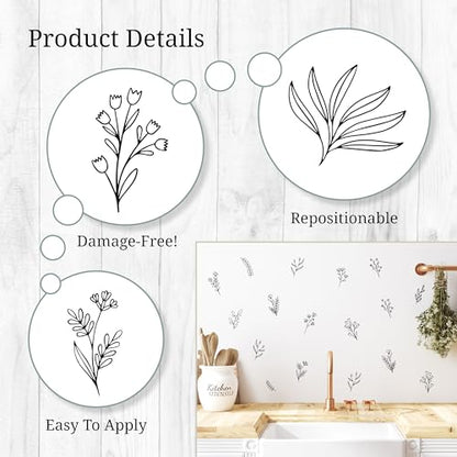 Small Black Flowers Peel and Stick Wall Decals - Set of 62 Flower Wall Stickers - 1"-4" Flower Wall Decor Floral Wall Decals