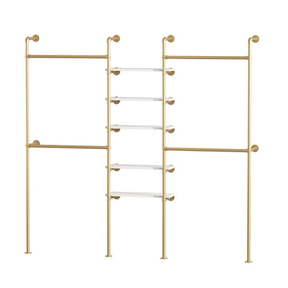 WTPLWD Industrial Pipe Clothing Racks with 5 Shelves, Wall Mounted Gold Clothes Rack for Hanging Clothes, Gold Wall Clothing Rack, Heavy Duty Clothes Rack for Walk in Closet, Laundry Room