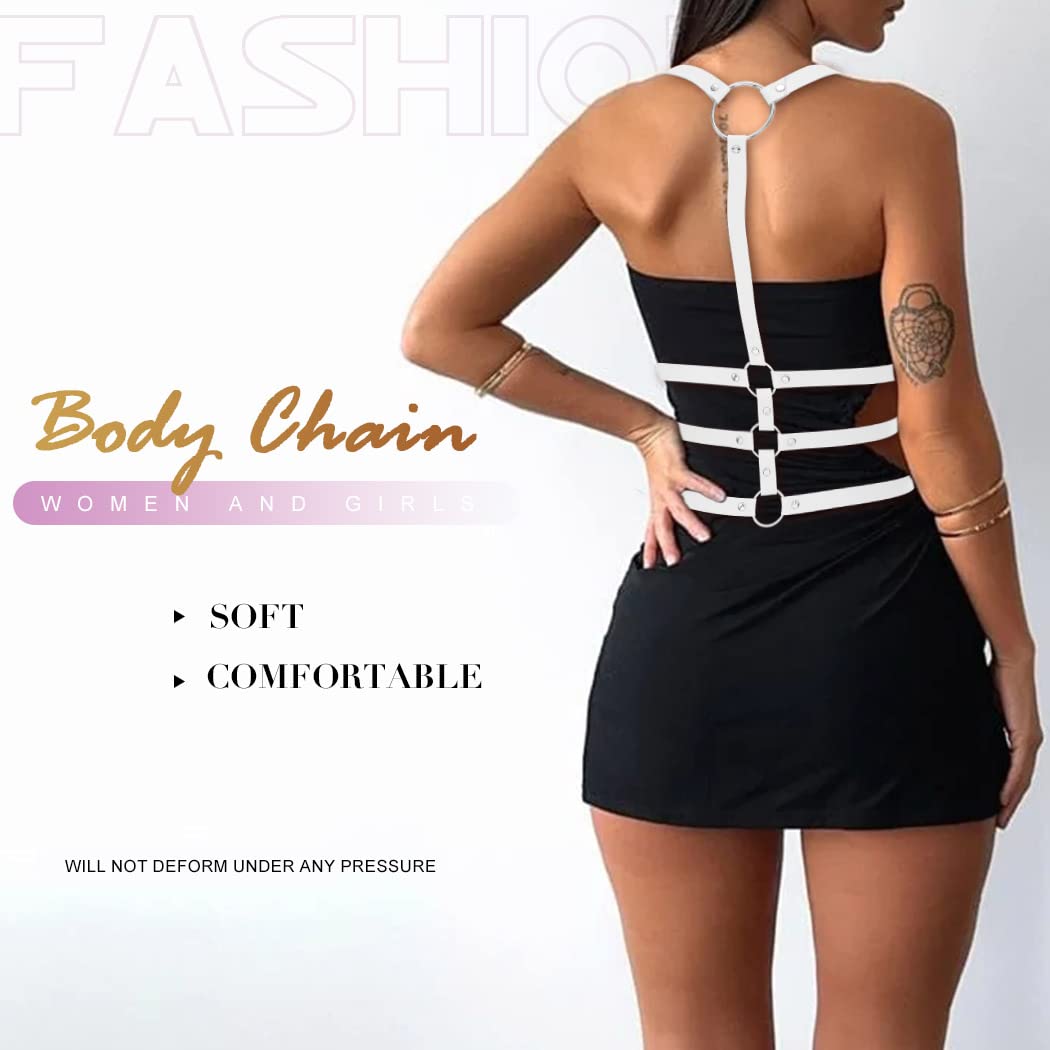 BODIY Women Fashion Leather Harness Belt Punk Waist Harness Belts Rave Body Accessories (White)