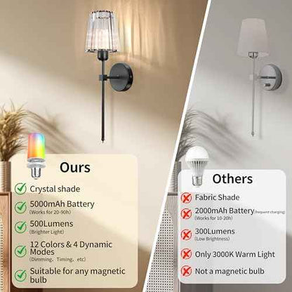 Battery Operated Crystal Wall Sconces Set of Two, Black Wireless Wall Lamp with Crystal Shades, Rechargeable LED Bulbs, 12-Colors Dimmable, Remote for Bedroom, Living Room, Bulbs Included