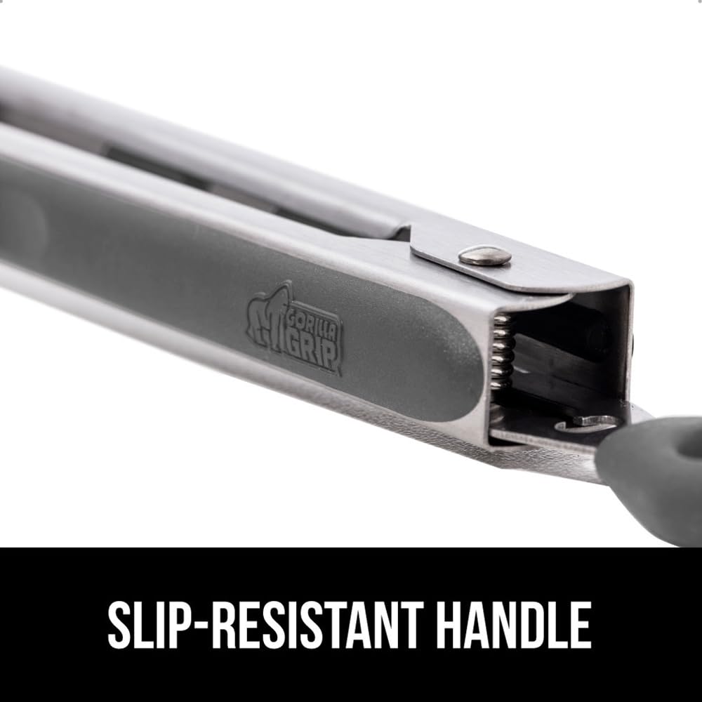 GORILLA GRIP Stainless Steel Heat Resistant Kitchen Tongs for Cooking, 9 + 12 Inch, Set of 2 BBQ Tong, Non Scratch Silicone Tip for Pan, Strong Grip, Grab Food, Toss Salad, Air Fryer, Pull Lock, Black