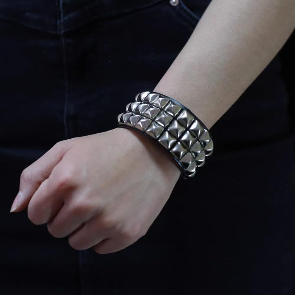 SCOPLATY Genuine Leather Bracelet Cuff with Spikes studded Rivets - Adjustable Metal Wristband for Men Women, 80s Goth Rock Accessories (Silver, Width 1.5 Three-row)