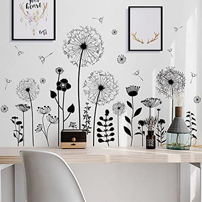 Large Dandelion Wall Stickers, Attractive Flying Flowers Wall Decals, Removable Plants Wall D?cor, DIY Art Mural Vinyl for Bedroom Living Room Sofa Backdrop Classroom Decoration (Black)