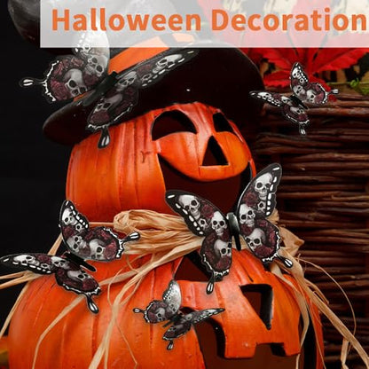Halloween Wall Stickers 24 Pcs 3D Butterfly Wall Decals Gothic Black Red Butterfly Wall Decor Halloween Party Supplies for Bedroom Room Door Window Fireplace Decoration, Skull Style