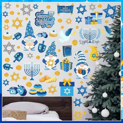 ReliThick 78 Pcs Hanukkah Wall Decals Hanukkah Decor Blue White Gold Menorah Star Gnome Stickers Chanukah Party Decor Jewish Decoration for Living Room Bedroom Nursery Wall Decoration