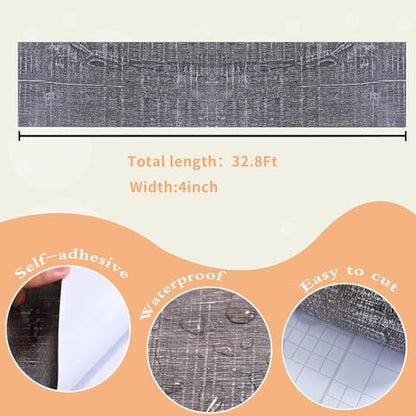 MULLSAN 10Meters Gray Wood Wallpaper Border Peel & Stick Wall Covering Kitchen Bathroom Bedroom Tiles Decor Sticker