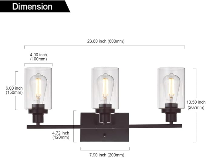 MELUCEE 3 Light Bathroom Vanity Light Oil Rubbed Bronze, Industrial Wall Light Fixture with Clear Glass Shade Sconces for Bedroom Porch Kitchen Living Room (Patent No.: US D963914 S)