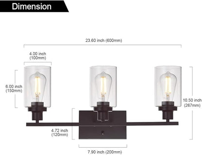 MELUCEE 3 Light Bathroom Vanity Light Oil Rubbed Bronze, Industrial Wall Light Fixture with Clear Glass Shade Sconces for Bedroom Porch Kitchen Living Room (Patent No.: US D963914 S)