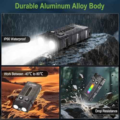 BORUIT EV20L LED Rechargeable Small EDC Flashlight with Green Beam,Pocket Keychain Flashlights with RGB Side Light,IP66 Waterproof,Clip & Tail Magnet for Outdoors Emergency Camping,Aluminum Black