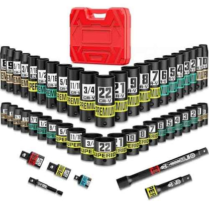 3/8" Drive Impact Socket Set, 50-Piece Standard SAE 5/16 to 3/4 inch and Metric 8-22mm, Cr-V Steel, 6 Point, with Extension Bars and Adapters,for Impact Wrenches, Automotive and Home