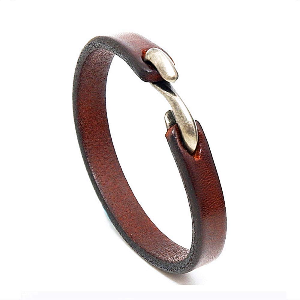 CJMILADO Mens Genuine Leather Bracelet - Handmade Adjustable Leather Cuff Bracelet punk Style leather wrap Wristband for Men (S-Hook Brown)