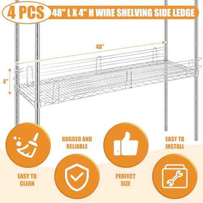 4 Pcs Chrome Wire Shelf Ledge 48" L x 4" H Wire Shelving Side Ledge Metal Shelves Accessories Pantry and Garage Storage (Silver)