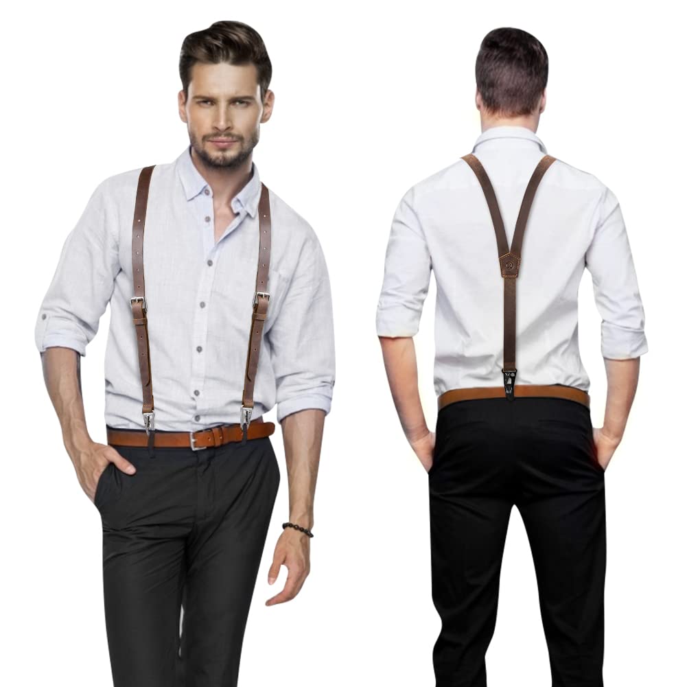 Ringsun Genuine Leather Suspenders for Men, Y Design Hidden Suspenders Under Clothes with 3 Snap Loop, Adjustable Accessories for Men Wedding & Party Essentials, Dark Brown