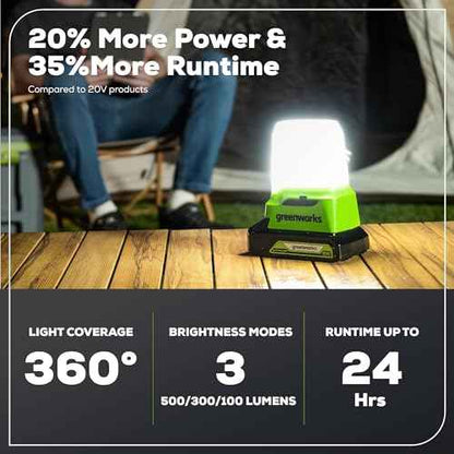 Greenworks 24V Cordless Lantern, Portable 500 Lumens Camping Light with Hook and Two USB Output Ports, 3 Modes, Mini Area Light with 2Ah Battery and Charger