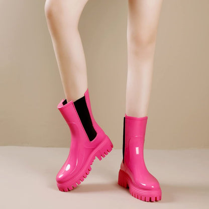 Hsttgsr Rain Boots for Women, Waterproof PVC Rubber Garden Boots Womens Chelsea Boots Short Platfrom Rain Boots, Anti-Slip Elastic Slip On Rainboots Garden Rain Shoes for Yard Farm Outdoor Work
