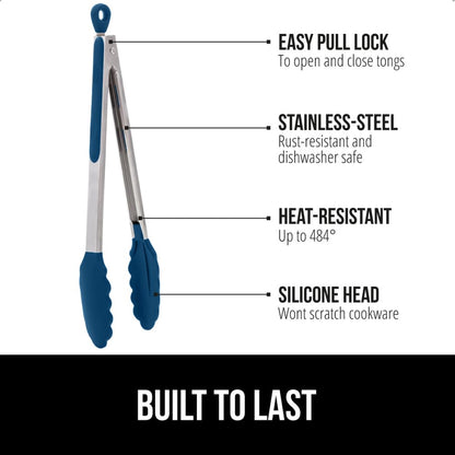 GORILLA GRIP Stainless Steel Heat Resistant Kitchen Tongs for Cooking, 9 + 12 Inch, Set of 2 BBQ Tong, Non Scratch Silicone Tip for Pan, Strong Grip, Grab Food, Toss Salad, Air Fryer, Pull Lock, Black