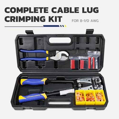 haisstronica Heavy Duty Battery Cable Crimping Tool Kit-Ratchet Hex Extended Handle Crimper for 8,6,4,2,1,1/0 AWG Copper Lugs with Blow Molded Box,Cable Cutter, 48PCS Copper Lugs&Heat Shrink Tubing