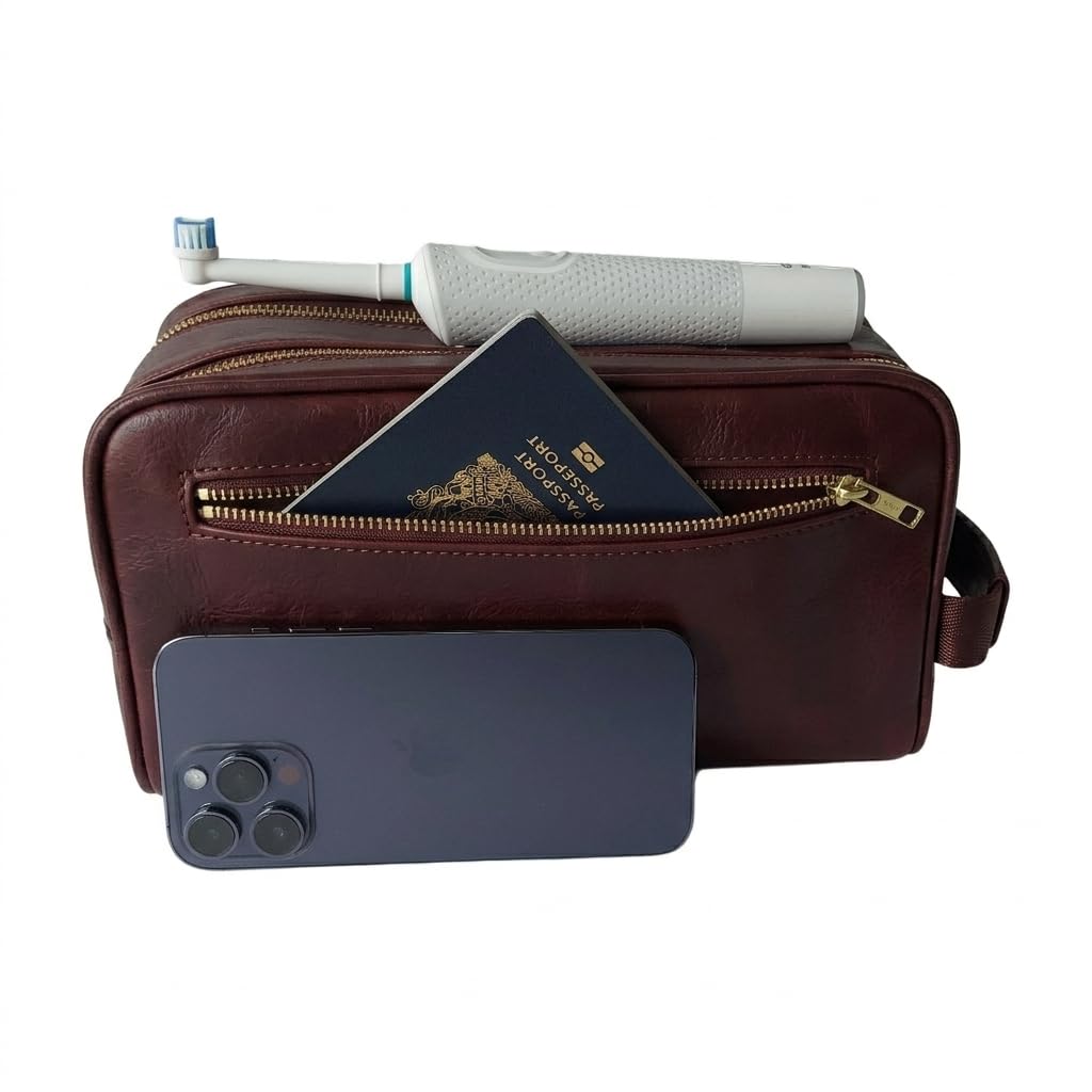 Toiletries bag for men, Premium PU Leather Dopp with Metal Zippers & Bottom Studs, Waterproof Grooming Kit for Men, Mens Birthday Gift, Includes Velvet Dust Bag & Shape-Retention Stuffing / DARK BROWN