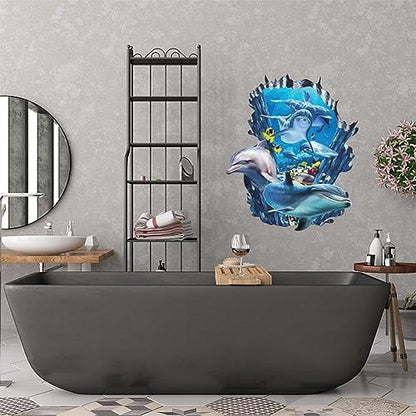 PLIGREAT 3D Broken Wall Undersea Ocean World Dolphins Wall Stickers, Removable Vinyl Peel and Stick Walls Decals for Teens Bedroom Dorm Room Home Decoration Beach House Apartment Indoor Art Decor