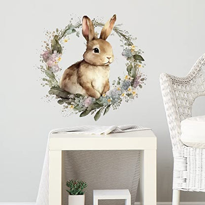 Cute Bunny in the Garland Wall Decal Nursery Rabbit Animal Easter Wall Sticker Removable Peel and Stick Wall Art Decor for Kids Baby Classroom Preschool Living Room Playing Room Bedroom School