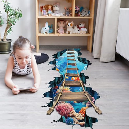 PLIGREAT 2 Sheets 3D Floor Stickers, Undersea Bridge Wall Decals Vinyl Sea World Ocean Bridge Wall Stickers Removable Peel and Stick Wall Decor for Bedroom Bathroom Living Room Nursery School