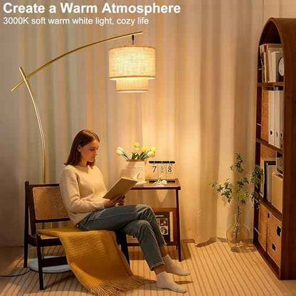Lightdot Arc Floor Lamp for Living Room, Modern Standing Tall Lamps with Double Linen Lampshade, Tall Hanging Pole Lamp with Stable Metal Base & Foot Switch for Bedroom Home Office-Gold