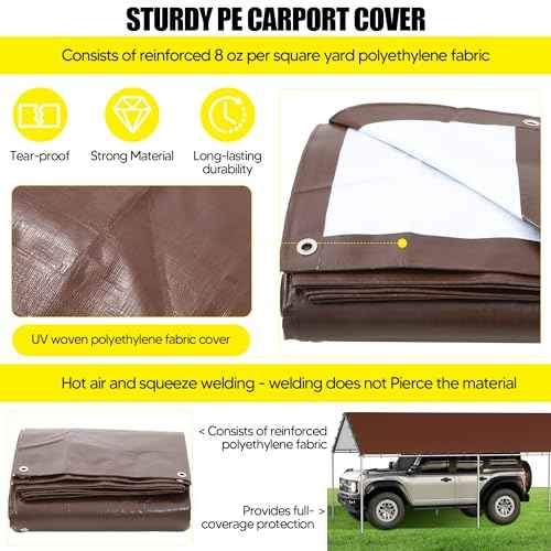 10 x 20 Ft Carport Replacement Canopy Cover Garage Top Tent Shelter Tarp with Free 48 Ball Bungee Cords,Brown (Only Cover, Frame Not Include)