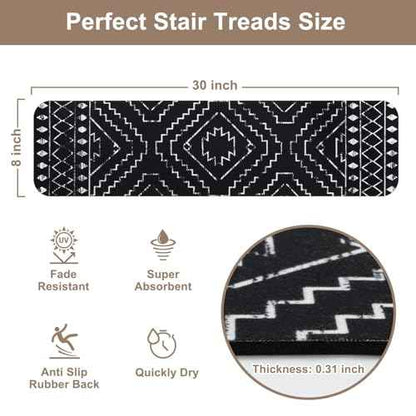 OJIA Boho Stair Treads Non-Slip Stair Runners for Wooden Steps Indoor 15PCS 30"x8" Washable Carpet Stair Treads Stair Mats Staircase Step Treads for Kids, Elders and Dogs, Stair Covers, Black