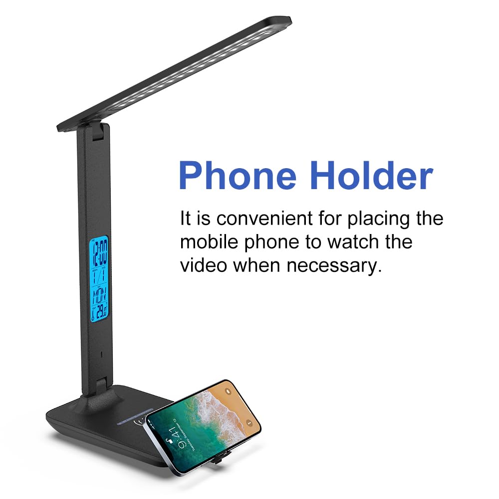 Multifunctional LED Desk Lamp with Wireless Charger,USB Charging Port,Clock,Phone Holder,Desk Lamps for Home Office,Eye-Caring Reading Lamp,Study Lamp for Boys,Girls,Teens,White