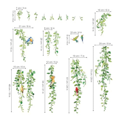 wondever Hanging Vines Wall Stickers Plants Green Leaves Birds Peel and Stick Wall Art Decals for Living Room Bedroom Sofa TV Background Office