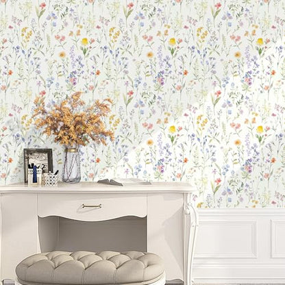 Floral Peel and Stick Wallpaper Boho Contact Paper Flower Leaf Removable Self Adhesive Waterproof Wall paper for Bathroom Bedroom Nursery Wildflower Botanical Thickened Vinyl Roll 17.32inW 118.11inL