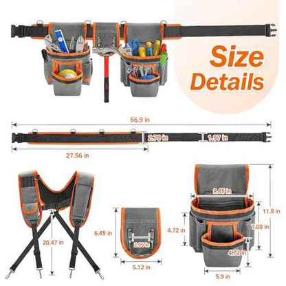 Puratalon Tool Belt Suspenders Padded Carpenter for Men, Detachable & Adjustable Electrician Tool Belts with 24-Pocket for Framers, Roofing, Contractor, 32''-66", Grey and Orange
