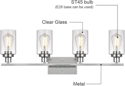 MELUCEE 4-Light Bathroom Lighting Fixtures with Clear Glass Shade Chrome Finish, Modern Vanity Light Wall Mount Lamp for Bedroom Dressing Table Mirror Cabinets Vanity Table (Patent No.: US D963914 S)