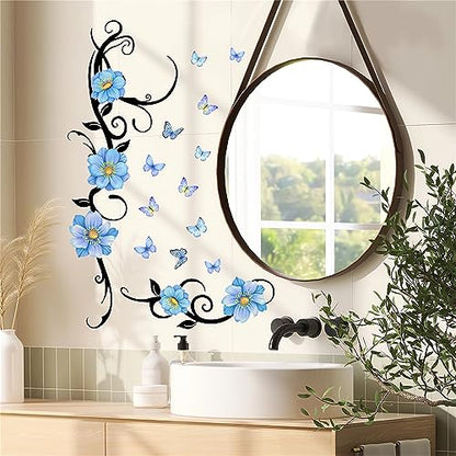 Blue Flower Vine Butterfly Wall Stickers, sacinora Floral Art Wall Decals Removable Vinyl Peel and Stick Wall Mural for Living Room Bedroom Nursery Children's Room Furniture Door Decorations